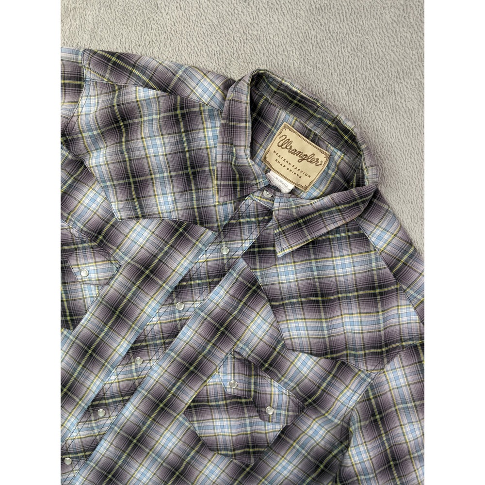 Wrangler Mens XL Western Plaid Snap Short Sleeve Shirt Gray Blue Sawtooth Pocket
